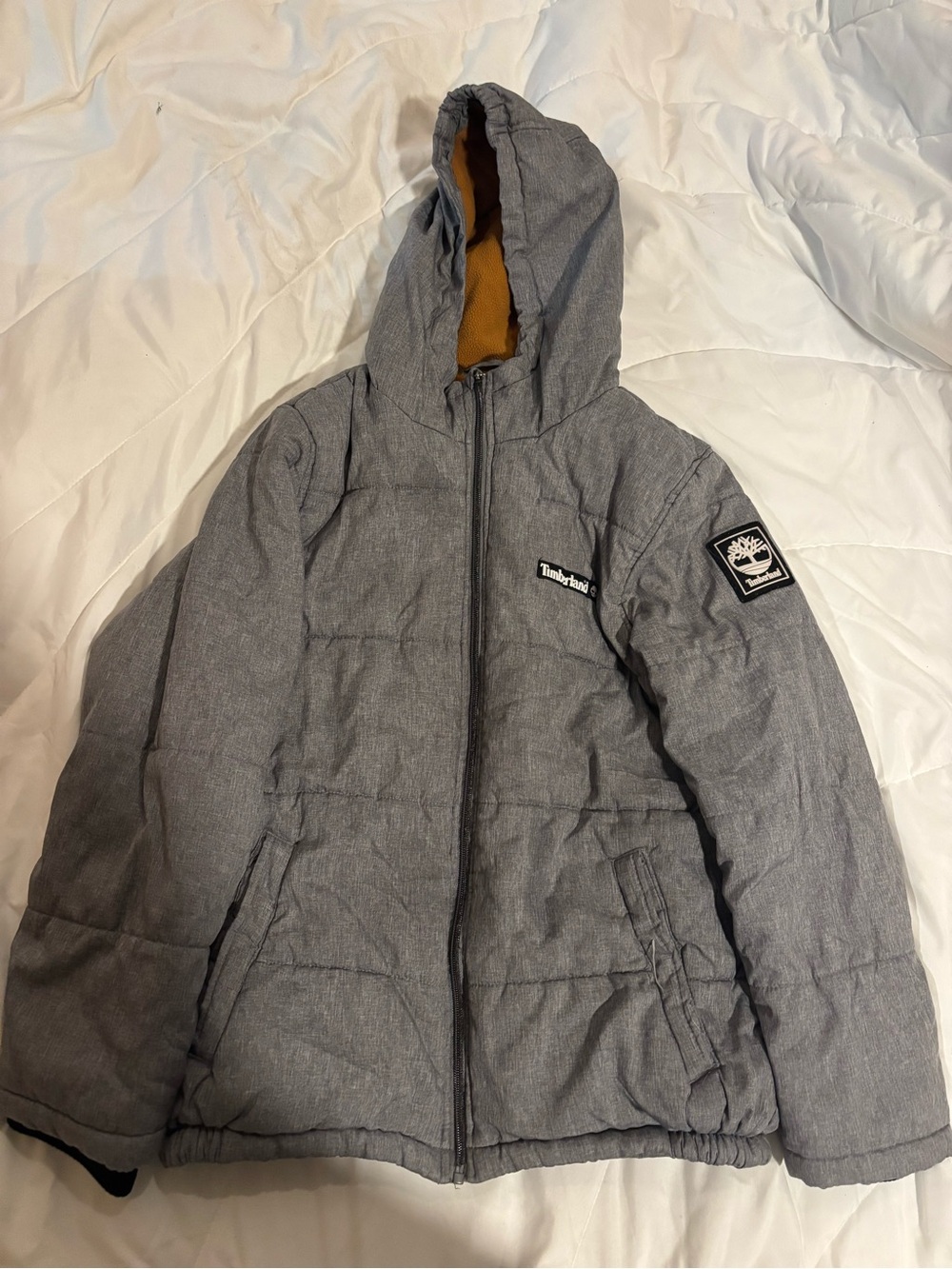 Timberland Gray Youth Hooded Quilted Puffer Jacket with Contrasting Lining 18-20